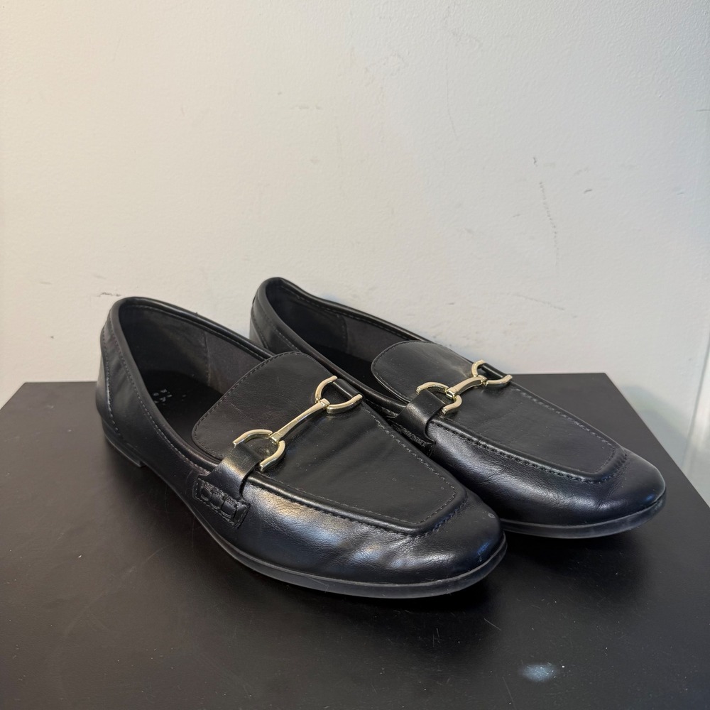 A New Day Womens 8 Black Gold Buckle Loafers Almond Toe Slip On Flat Shoes Chic